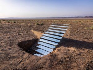 A photograph of an art installation set in a barren desert landscape. The installation features a staircase made entirely of reflective mirrors, descending into a square hole in the ground.