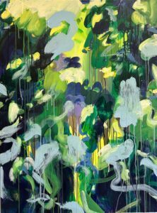 A vibrant abstract painting featuring a cascade of lush, swirling brushstrokes in varying shades of green, yellow, purple, and white. The paint drips and blends.