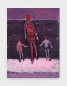 A painting depicting a parent with two young children on a shoreline. The figures are rendered in soft, hazy brushstrokes with warm tones of red, purple, and pink. The adult, dressed in red, with the children, faces a vast, dark sea, with the horizon glowing faintly in the distance.