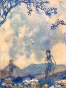 An ethereal artwork that features delicate blue line drawings of a child walking a small dog and a serene figure in traditional robes, standing against a soft background of pastel blues and creamy whites. The figures seem to float amidst the cloudy, abstracted landscape, with intricate branches and leaves framing the top of the piece.