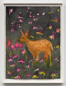 This watercolor painting depicts a small, spotted fawn standing amidst tall grasses and vibrant pink and yellow flowers. The background is black, contrasting with the bright, warm colors of the fawn and the surrounding flora.