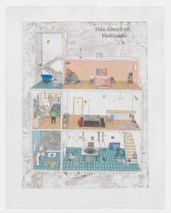 An intricate illustration depicting a multi-story, cross-sectional view of a home. Each floor features a different scene, evoking a sense of disarray and melancholy. The top floor shows a bedroom with an unmade bed, a pile of clothes, and an American flag on the wall. The middle floor includes a cluttered kitchen with a person standing near the sink, and a living room area with scattered items. The bottom floor reveals a messy bathroom, a dining room with a cactus centerpiece, and various objects strewn across the tiled floor. The artwork combines detailed line work with a muted color palette, creating a visually engaging yet somber atmosphere.