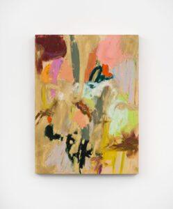 An abstract painting featuring a mix of soft, earthy tones blended with vibrant colors like pink, orange, green, and yellow. The colors overlap and merge.