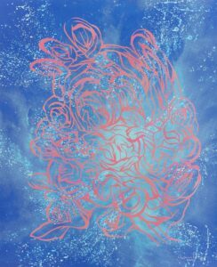 The piece features an intricate, swirling pattern of coral pink lines that form an abstract shape. The background is a rich, deep blue with lighter blue splashes.