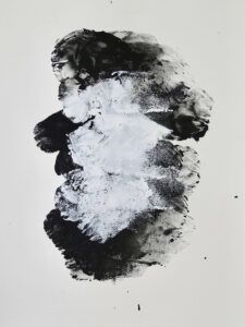 The artwork features an abstract composition in black and white. The central form is created by thick, expressive brushstrokes that appear to be layered white over black and blended.