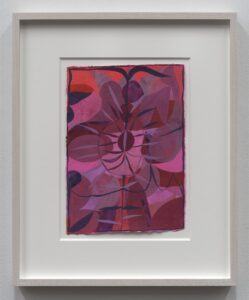 An abstract composition dominated by rich shades of red, pink, and purple. The painting showcases layered geometric shapes and organic forms, with a central flower-like subject that seems to radiate outward.