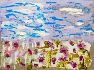 An expressive and textured painting depicts a colorful landscape under a wide, open sky. The sky, painted in a soft lavender hue, features bold, sweeping strokes of bright blue and white. Below, the foreground is filled with abstract floral shapes in pink and red, with yellow and green stems and branches emerging from the ground.