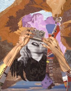 A complex and layered collage artwork features a mix of abstract and representational elements. At the center, a pair of wooden-textured hands hold a vintage camera, in front of the image of a person’s face, which is rendered in black and white with a distorted, grainy texture. Surrounding the central figure, the background is a collage of various textures and colors, including earthy browns, purples, and blues.