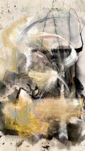 A dynamic abstract painting featuring layered swirls and brushstrokes in shades of beige, black, white, and hints of blue. The piece has a textured feel with visible movement created by the sweeping lines and splattered paint marks.