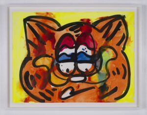 A colorful painting of a cat that is predominantly orange, with expressive, exaggerated features, including large eyes shaded in blue, red, and white. The background is a bright yellow, and splotches of red, green, and blue paint are splattered across the cat’s face.