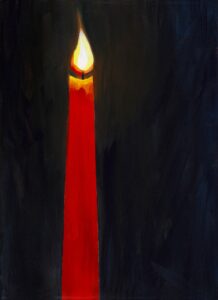 A simple composition, featuring a glowing red candle with a bright flame against a dark, almost black background.