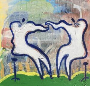 A lively abstract painting featuring two white, amorphous human-like figures outlined in bold blue. Their forms are fluid and dynamic. They stand on a green surface with abstract posts beneath them, against a colorful and textured background with soft blues, greens, and yellows.