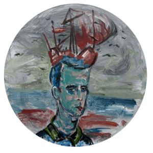 A circular painting featuring a figure, with blue skin and short blue hair. Atop their head, there is a small red sailboat. The background is composed of gray, blue and red swirling clouds, with subtle flying black crows.