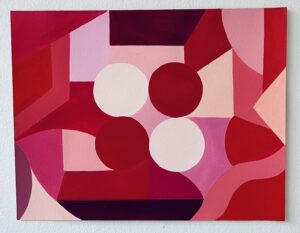 A painting composed of geometric shapes in various shades of red, pink, and white. The composition features four prominent circular forms, two in deep red and two in soft white, positioned near the center. Around these circles are angular shapes in gradients of red, pink, and burgundy.