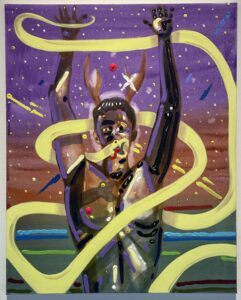 A painting featuring a human figure with arms raised. The figure is adorned with horns, and its body is accentuated with bold, reflective highlights in black and brown hues. Swirling yellow ribbons float around the figure. The background transitions from purple to brown, dotted with colorful specks and geometric shapes.