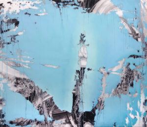 An abstract painting with a dominant light blue background. Throughout the canvas, irregular black and white streaks and patches appear, creating a textured, marbled effect that contrasts with the smooth blue.