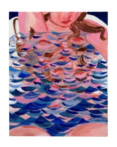 A vibrant painting featuring a close-up of a figure that looks to be partially submerged in water. The water is depicted with wavy, rhythmic brushstrokes in various shades of blue, pink, and purple. The figure's upper body and face are visible above the water.