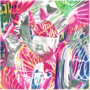 A vibrant and abstract print, featuring a dynamic swirl of colors, including bright pink, neon green, yellow, and blue, contrasted against silver and gray gradients.