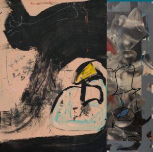 An abstract painting featuring bold black brushstrokes sweeping across a pale beige canvas. In the center, a dynamic shape is outlined in turquoise with a bright yellow triangular form on top. To the right of the piece, there is a contrasting area with smoky, cloud-like forms in metallic grays and silvers, layered with fluid, black outlines.