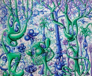 A painting that features bright greens, blues, and purples, twisting together. Organic forms, cartoon-like faces, and plants all morphing into each other. The background consists of intricate, swirling patterns in soft blues and purples.