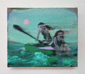 An impressionistic painting of two figures in a small green boat, paddling across a body of water. The background is dominated by cool turquoise and sea green tones. The figures have blurred and soft features and a pink sun or moon hangs low in the sky. The brushwork is loose.