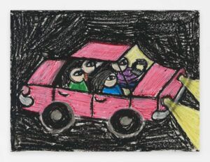 A drawing of a red car driving through a dark, heavily shaded background. The car is roughly sketched with thick black lines and bright pink color, with undertones of red. Headlights are shining yellow beams toward the bottom-right corner of the piece. Inside the car, there are four abstract figures with large, expressive eyes. The figures, dressed in bright green, blue, and purple, appear to be sitting closely together.